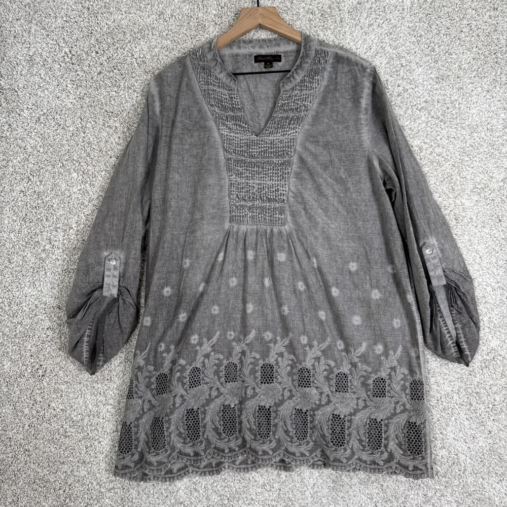 Sweet Magnolia Tunic Blouse Women's XL Gray Embroidery Boho Bell Sleeve